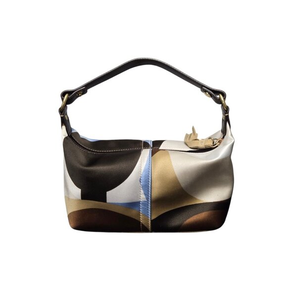 Vntg Coach Satin Multicolored Soho Mini Bag Scarf Print Hobo Leather Trim Strap - Picture 2 of 10